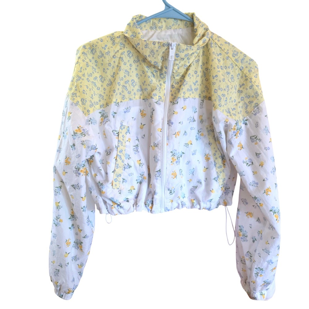 Aeropostale XS Floral Print Cropped Windbreaker Jacket Yellow Blue